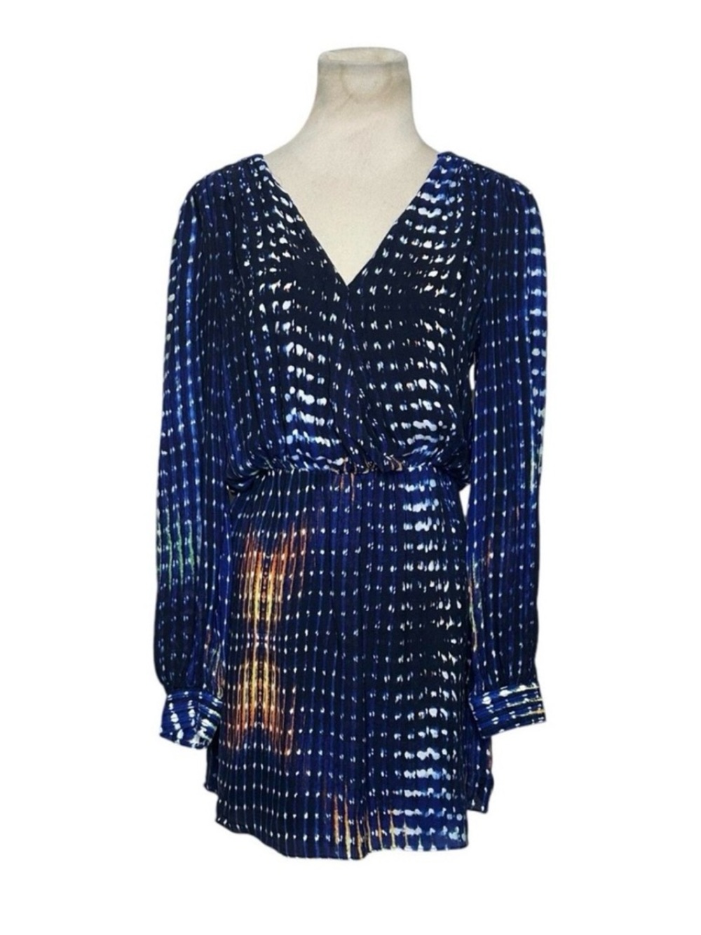 Parker Navy Blue Tie-Dye V-Neck Long Sleeve Open Back Mini Dress-Size Small